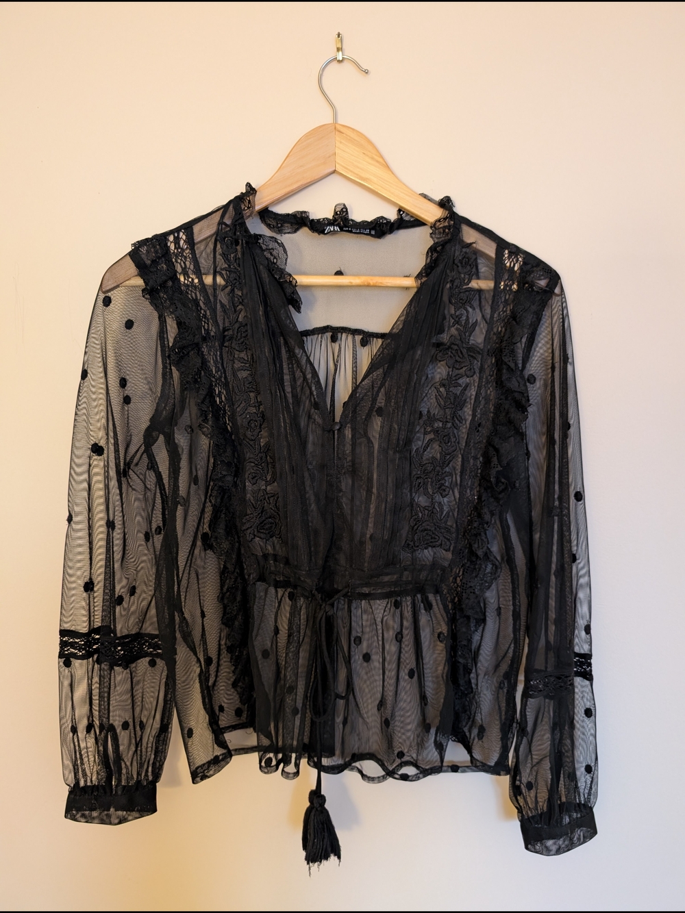 Zara Black Sheer Lace Tie-Waist Blouse